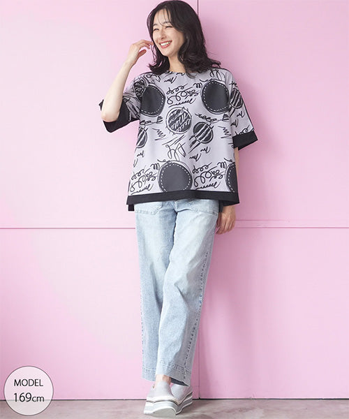 手書き風ドットプリント異素材切替6分袖Tシャツカットソー 36-1900