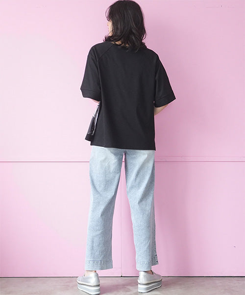 手書き風ドットプリント異素材切替6分袖Tシャツカットソー 36-1900