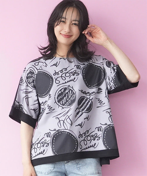 手書き風ドットプリント異素材切替6分袖Tシャツカットソー 36-1900