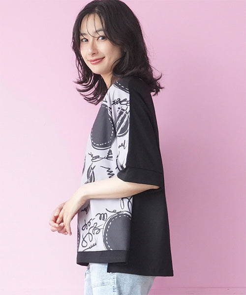 手書き風ドットプリント異素材切替6分袖Tシャツカットソー 36-1900