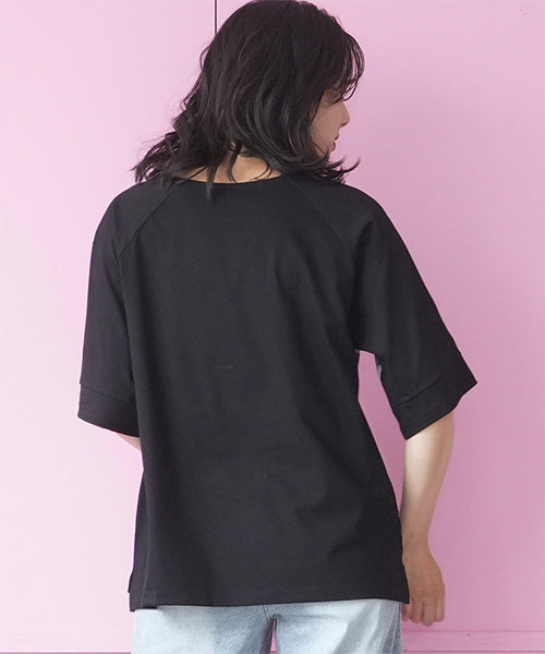 手書き風ドットプリント異素材切替6分袖Tシャツカットソー 36-1900