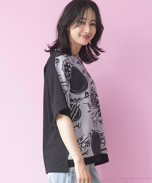 手書き風ドットプリント異素材切替6分袖Tシャツカットソー 36-1900