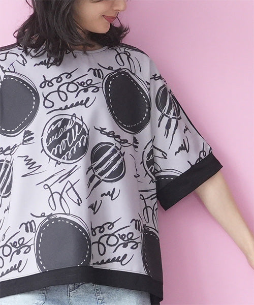 手書き風ドットプリント異素材切替6分袖Tシャツカットソー 36-1900