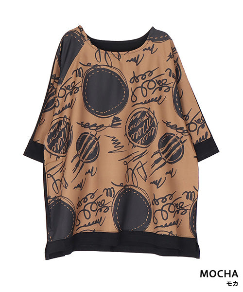 手書き風ドットプリント異素材切替6分袖Tシャツカットソー 36-1900