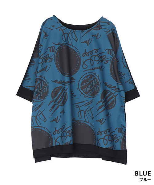 手書き風ドットプリント異素材切替6分袖Tシャツカットソー 36-1900