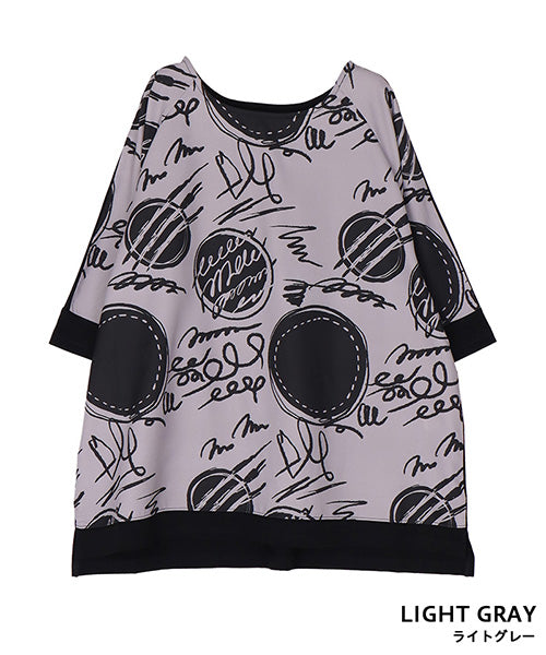 手書き風ドットプリント異素材切替6分袖Tシャツカットソー 36-1900