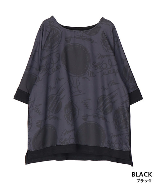 手書き風ドットプリント異素材切替6分袖Tシャツカットソー 36-1900