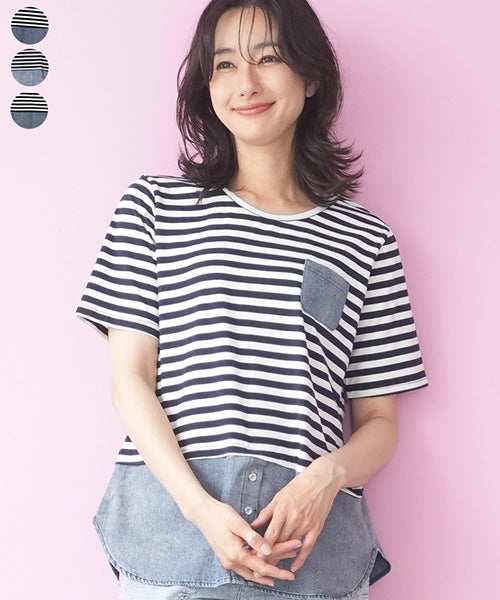 ボーダー切替重ね着風半袖Tシャツカットソー 36-1905