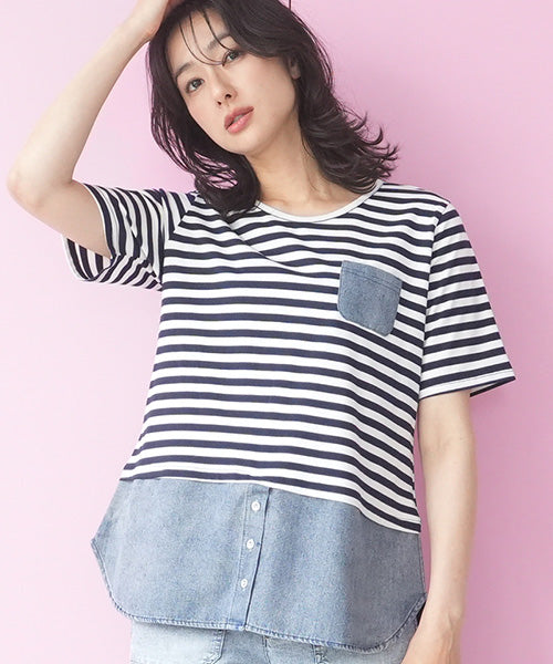 ボーダー切替重ね着風半袖Tシャツカットソー 36-1905