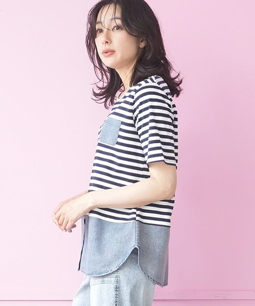 ボーダー切替重ね着風半袖Tシャツカットソー 36-1905