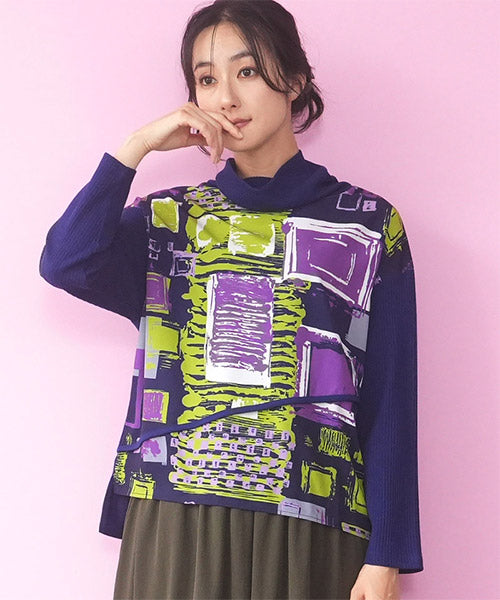 アート柄プリントリブ切替オフタートル長袖カットソー 36-1920