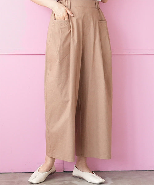 ウエストゴムコットンリネンタックデザインストレッチコクーンワイドパンツ 43-0019