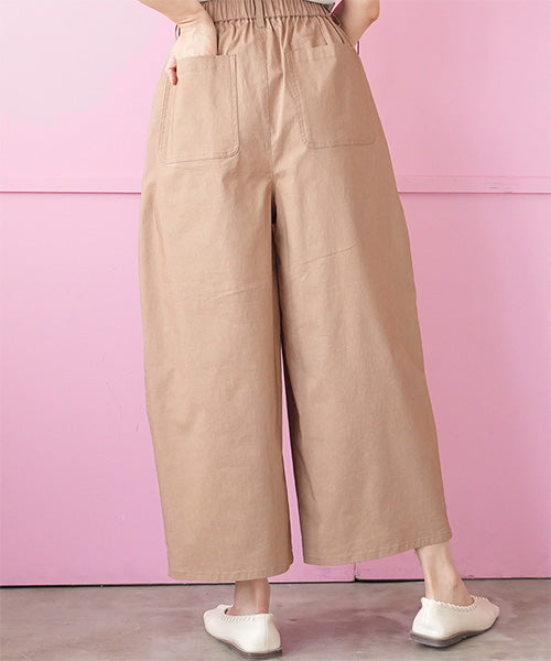 ウエストゴムコットンリネンタックデザインストレッチコクーンワイドパンツ 43-0019