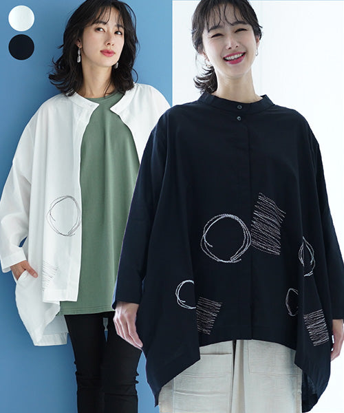 刺繍風プリントバンドカラービッグシルエットシャツ 46-0069