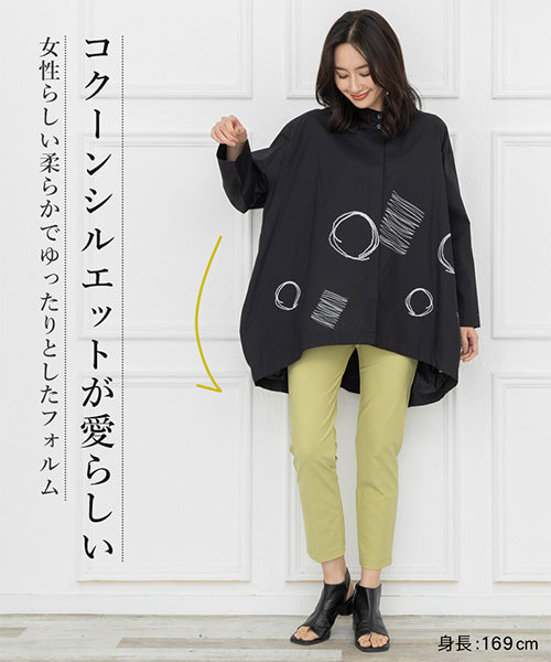 刺繍風プリントバンドカラービッグシルエットシャツ 46-0069
