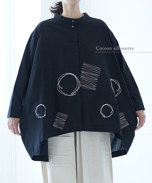 刺繍風プリントバンドカラービッグシルエットシャツ 46-0069