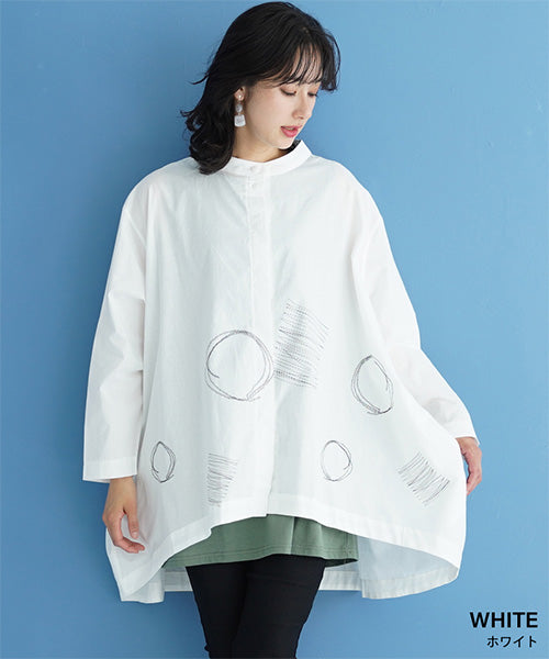 刺繍風プリントバンドカラービッグシルエットシャツ 46-0069