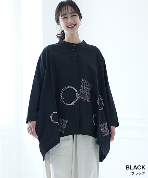 刺繍風プリントバンドカラービッグシルエットシャツ 46-0069