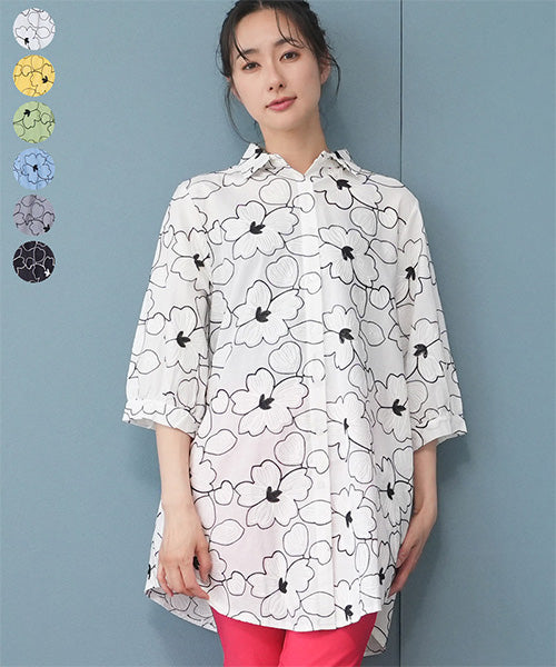綿100％フラワー刺繍七分袖Aラインシャツブラウス 46-0256