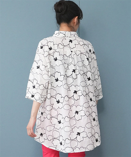 綿100％フラワー刺繍七分袖Aラインシャツブラウス 46-0256