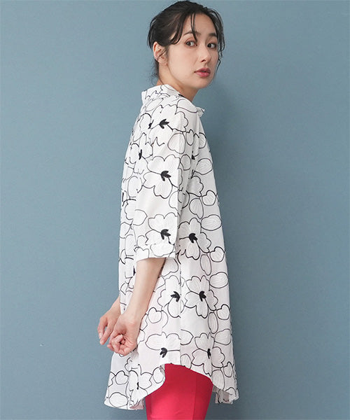 綿100％フラワー刺繍七分袖Aラインシャツブラウス 46-0256