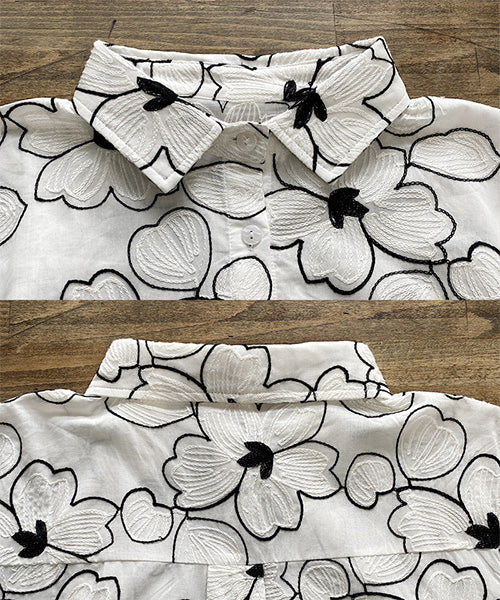 綿100％フラワー刺繍七分袖Aラインシャツブラウス 46-0256