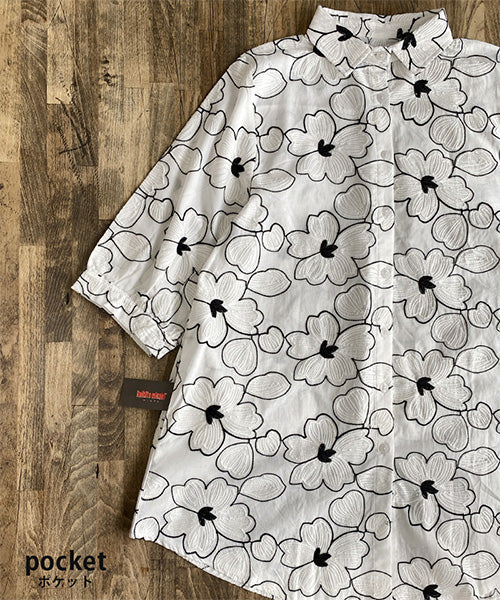綿100％フラワー刺繍七分袖Aラインシャツブラウス 46-0256