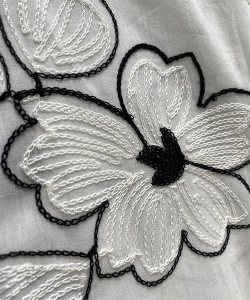 綿100％フラワー刺繍七分袖Aラインシャツブラウス 46-0256