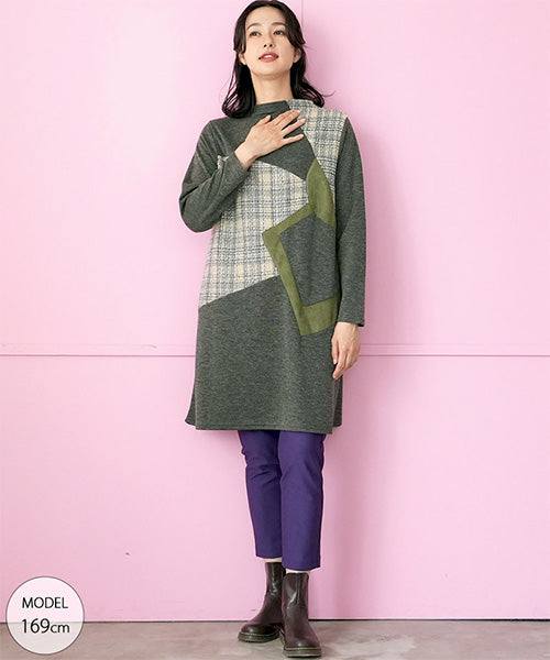 ツイードパッチワーク切替長袖チュニック 46-0273