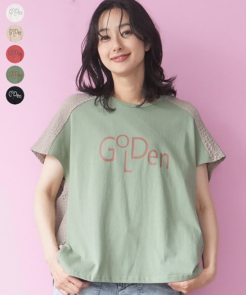 英字プリント異素材切替フレンチスリーブTシャツカットソー 46-0288