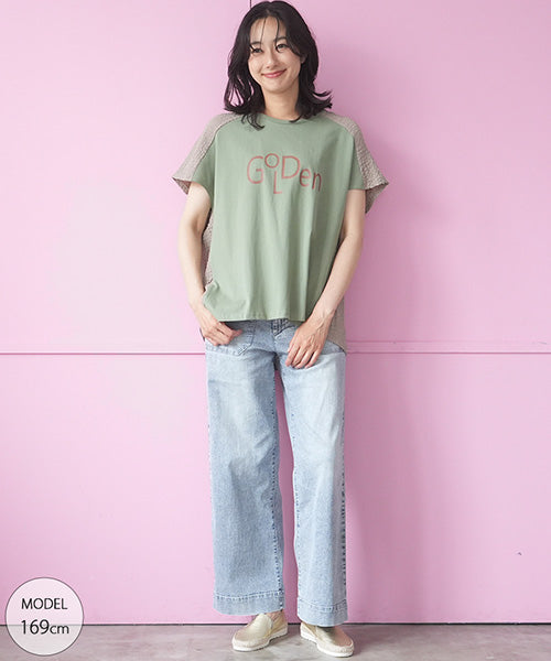 英字プリント異素材切替フレンチスリーブTシャツカットソー 46-0288