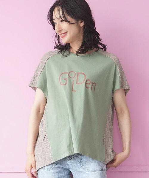 英字プリント異素材切替フレンチスリーブTシャツカットソー 46-0288