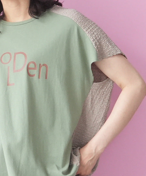 英字プリント異素材切替フレンチスリーブTシャツカットソー 46-0288