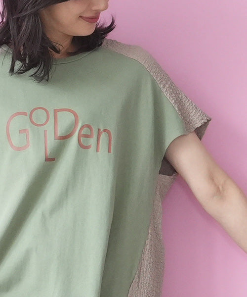 英字プリント異素材切替フレンチスリーブTシャツカットソー 46-0288