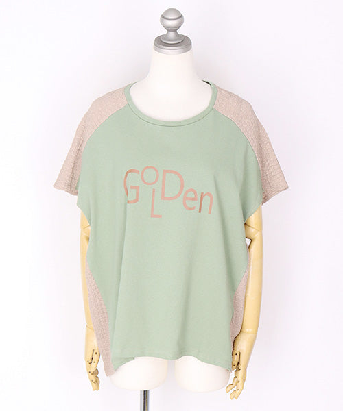 英字プリント異素材切替フレンチスリーブTシャツカットソー 46-0288
