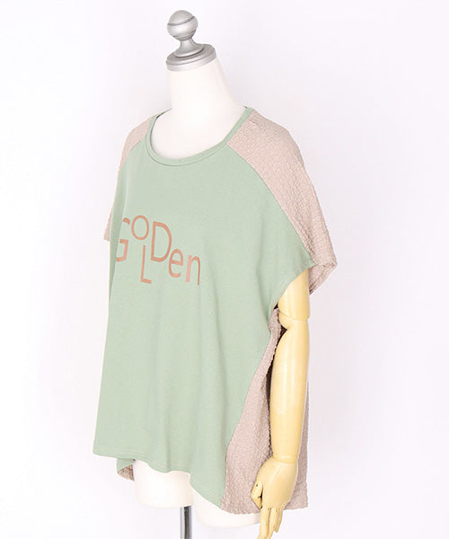 英字プリント異素材切替フレンチスリーブTシャツカットソー 46-0288