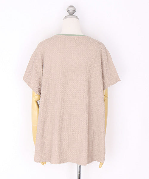 英字プリント異素材切替フレンチスリーブTシャツカットソー 46-0288
