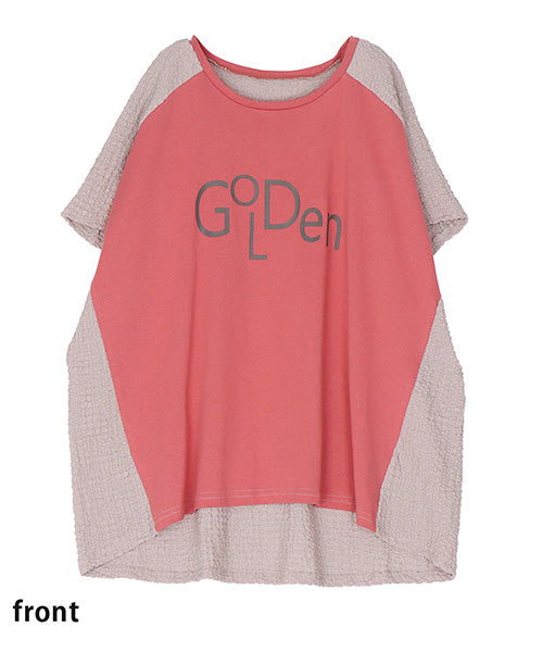 英字プリント異素材切替フレンチスリーブTシャツカットソー 46-0288