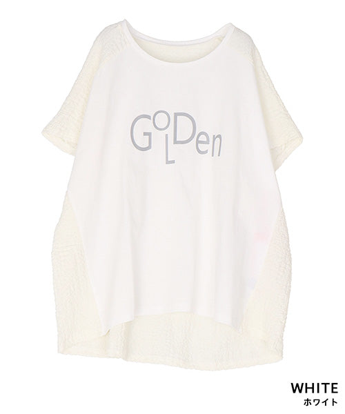 英字プリント異素材切替フレンチスリーブTシャツカットソー 46-0288