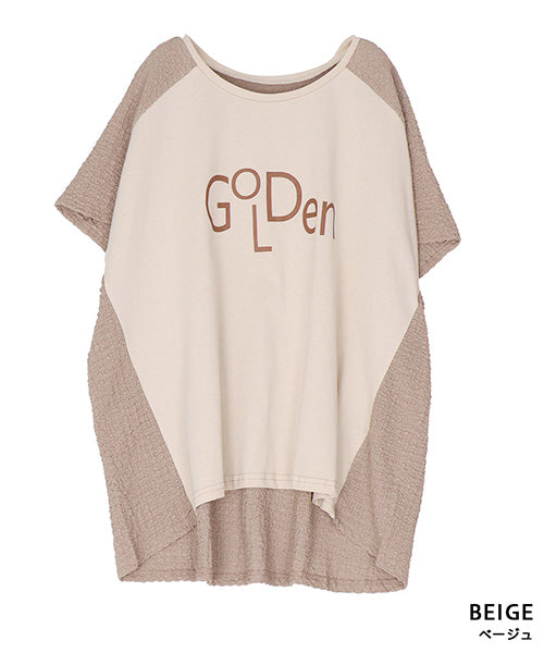 英字プリント異素材切替フレンチスリーブTシャツカットソー 46-0288