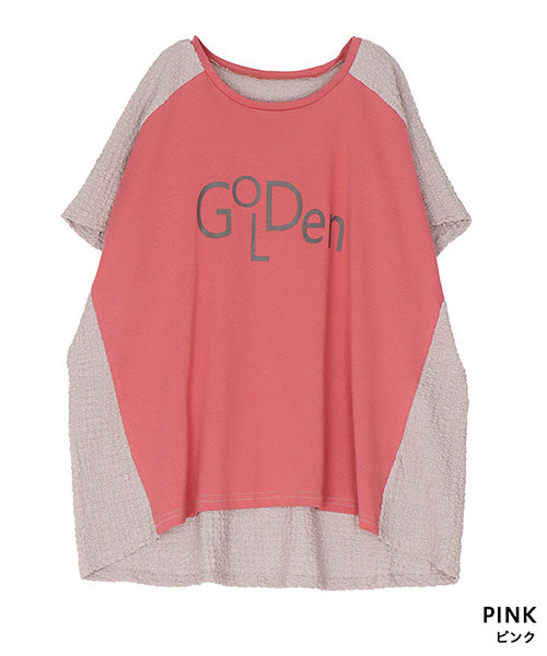 英字プリント異素材切替フレンチスリーブTシャツカットソー 46-0288