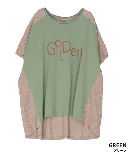 英字プリント異素材切替フレンチスリーブTシャツカットソー 46-0288