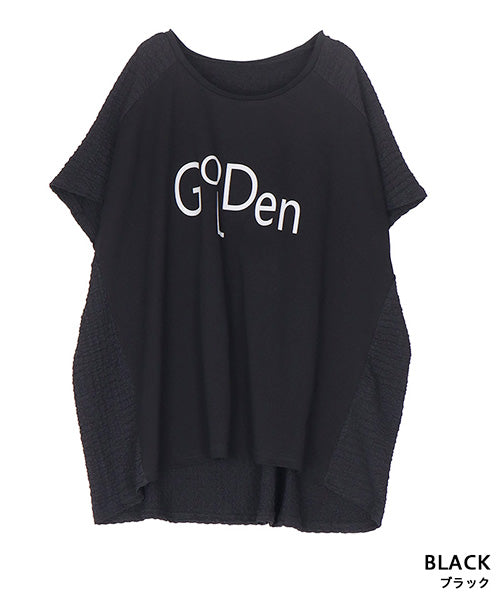 英字プリント異素材切替フレンチスリーブTシャツカットソー 46-0288