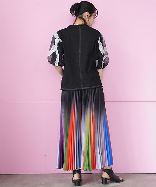 袖英字プリントシフォン使いTシャツカットソー 46-0289