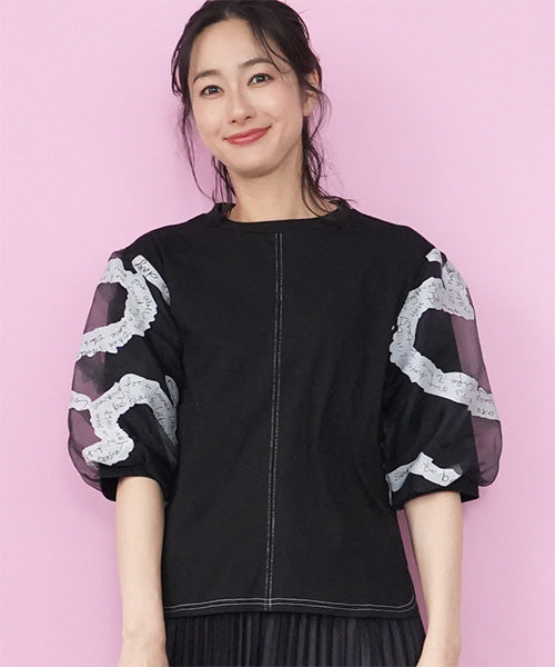 袖英字プリントシフォン使いTシャツカットソー 46-0289