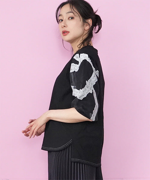 袖英字プリントシフォン使いTシャツカットソー 46-0289