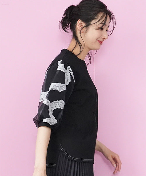 袖英字プリントシフォン使いTシャツカットソー 46-0289
