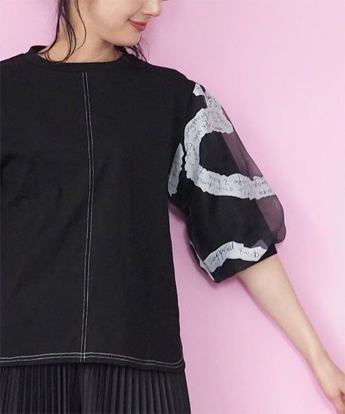 袖英字プリントシフォン使いTシャツカットソー 46-0289