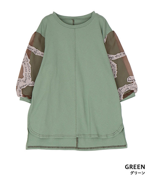 袖英字プリントシフォン使いTシャツカットソー 46-0289
