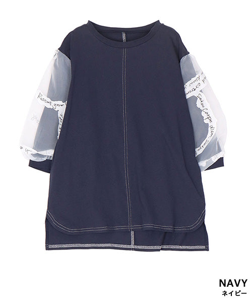 袖英字プリントシフォン使いTシャツカットソー 46-0289